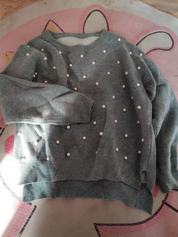 Round Neck Sweater for Women, Autumn and Winter Thickened Sweater, Warm Clothing, Loose Fit, Slit Design, Plus Size, Gray, Heavy Pearl Embellishment, Casual