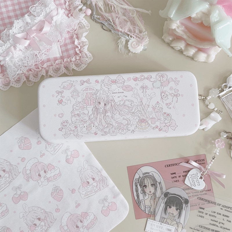Little Angel Tea Party Girl Original Design Eyeglass Case and Cloth, Pink Cute Myopia Storage Box