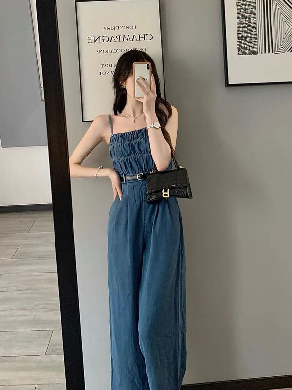 Denim Jumpsuit for Women, Summer 2024 New Style, Off-Shoulder, Petite, Wide-Leg Jumpsuit Set, Waist-Cinching, Strap Jumpsuit Denim Jumpsuit for Women, Summer 2024 New Style, Off-Shoulder, Petite, Wide-Leg Jumpsuit Set, Waist-Cinching, Strap Jumpsuit