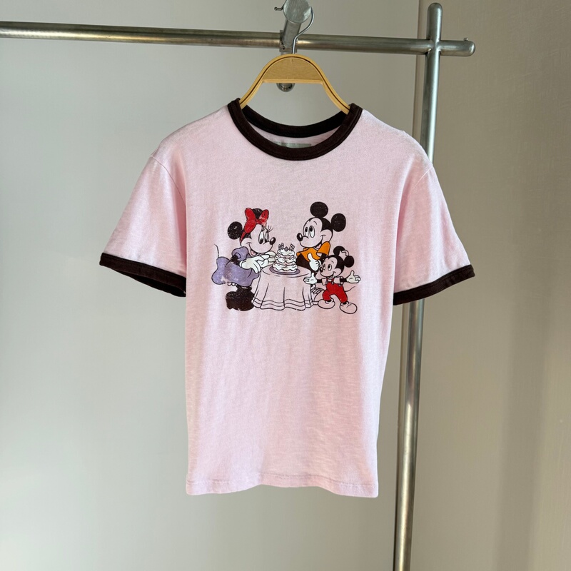[Real Photos in Stock] Cartoon Print Short-Sleeve T-Shirt for Women, Mickey and Minnie Pink Color-Blocked Round Neck Top for Summer