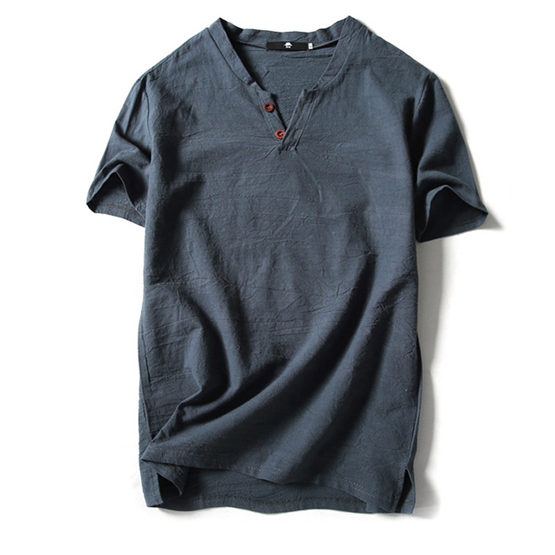 Summer Cotton and Linen Men's Short-Sleeve T-Shirt, Loose and Thin, Plus Size, Solid Color, V-Neck, Extra Large for Big and Tall Men