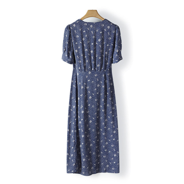 Puff sleeves polka dot buckle high waist dress G spring women ສ່ວນຫຼຸດ 17L