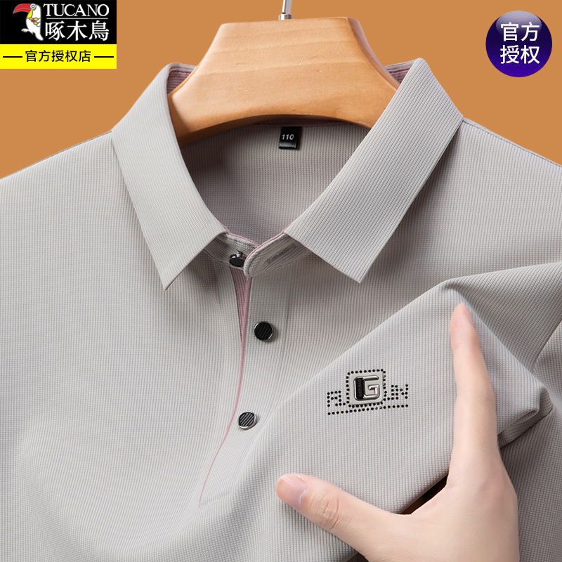 Woodpecker Dad Long Sleeve T-Shirt Men's Spring New Style Turn-Down Collar Ice Silk Polo Shirt Business Casual Base Shirt