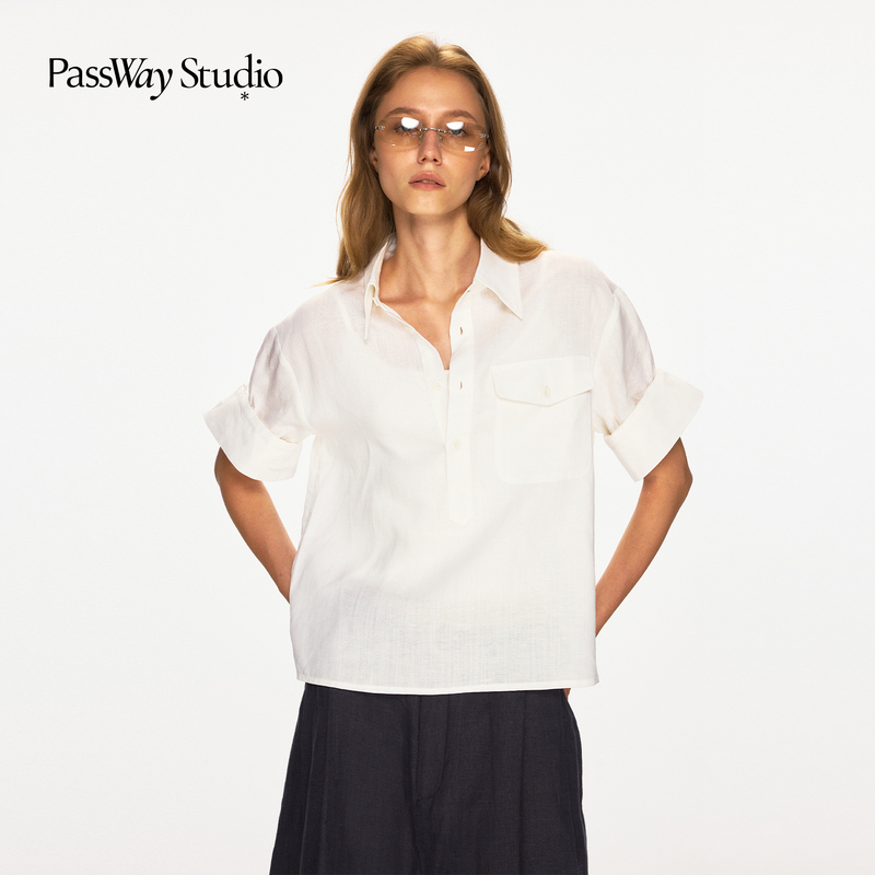 Passway Studio Rolled-Sleeve Hunting-Style Linen Pullover Shirt, Breathable, Versatile, High-Fashion, Retro, and Relaxed Top