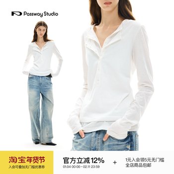 Passway Studio Double-Collar Slim-Fit Long-Sleeve T-Shirt Base Layer for Women, Fake Two-Piece Design, Trendy V-Neck Top