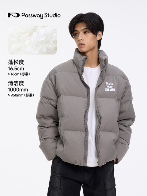 Passway Studio White Duck down Jacket with Stand Collar for Men and Women, Versatile Thickened Warm Puffer Jacket for Winter, Trendy