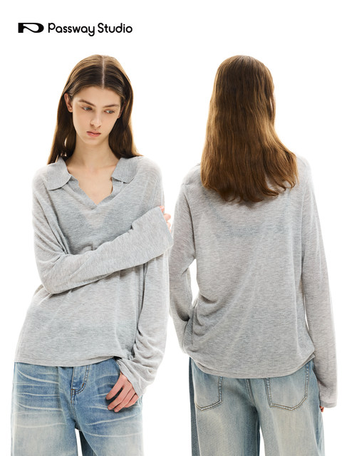 Passway Studio Seagull Collar Long Sleeve Knitted Sweater Blouse for Women Versatile Casual Base Layer Top