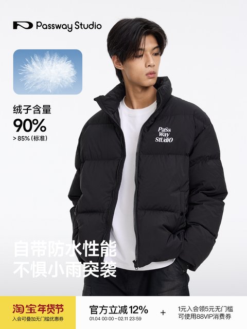 Passway Studio White Duck down Jacket with Stand Collar for Men and Women, Versatile Thickened Warm Puffer Jacket for Winter, Trendy