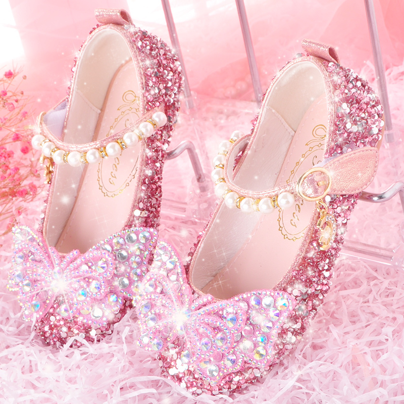 Girls' Leather Shoes for Spring and Autumn, Elsa Princess Shoes, Little Girls' Soft-Soled Crystal Shoes, Girls' Pearl Dress Shoes