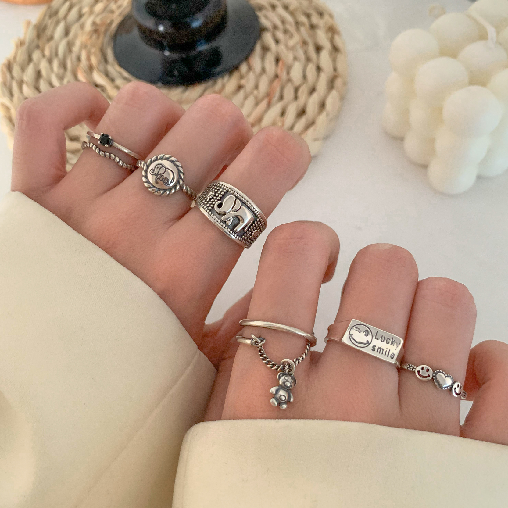 For the late Elephant Little Bear Combined Retro Index Finger Silver Ring Women's Hip Hop Personality Creative Ring small crowdsourced