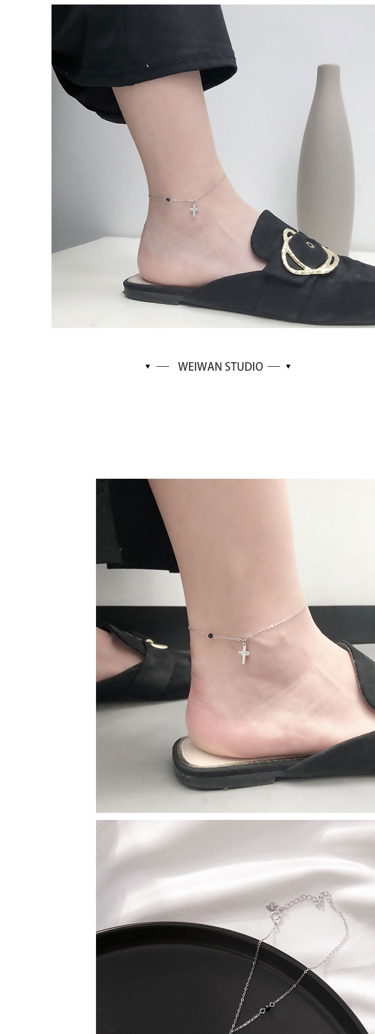 Cho gió muộn tự nhiên màu đen spinel chéo vòng chân 925 sterling bạc nữ đơn giản gợi cảm vòng chân cá tính hoang dã lắc chân nữ vàng đẹp