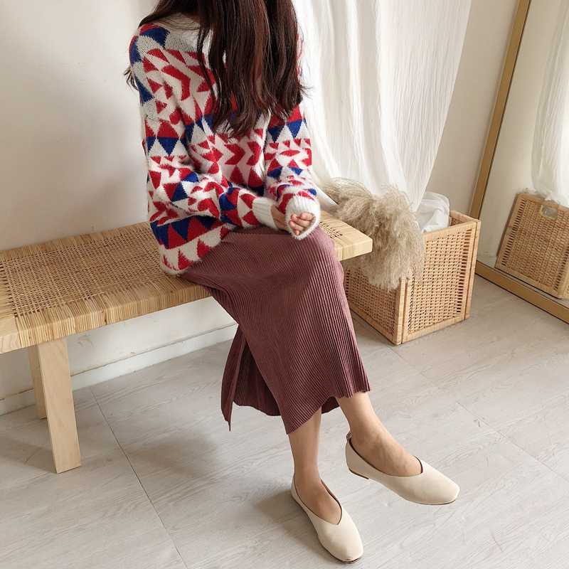 Màu tương phản jacquard mohair mềm mohair tam giác nhỏ retro nữ mùa thu và mùa đông màu rắn lười áo len giản dị áo len lớn quần áo nữ