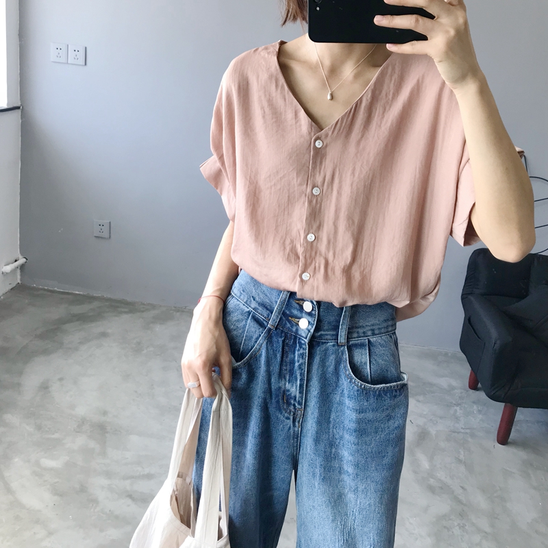 Rất cố định. Khách đồng dây đồng lụa thiết kế v cổ cổ áo của phụ nữ mùa hè mới áo sơ mi màu rắn áo sơ mi voan áo sơ mi oversize nữ tay dài
