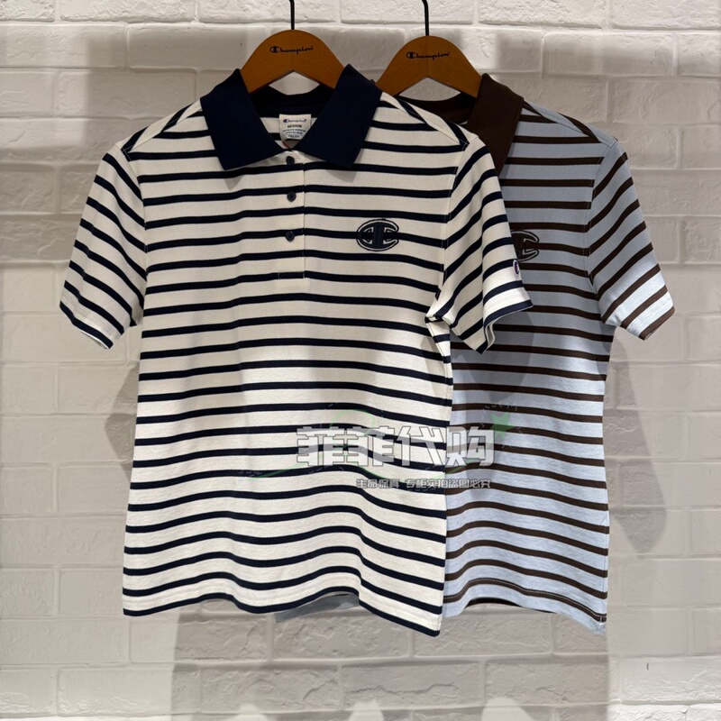 Champion Genuine 2026 Summer New Women's Polo Collar Striped T-Shirt U6Bposw335