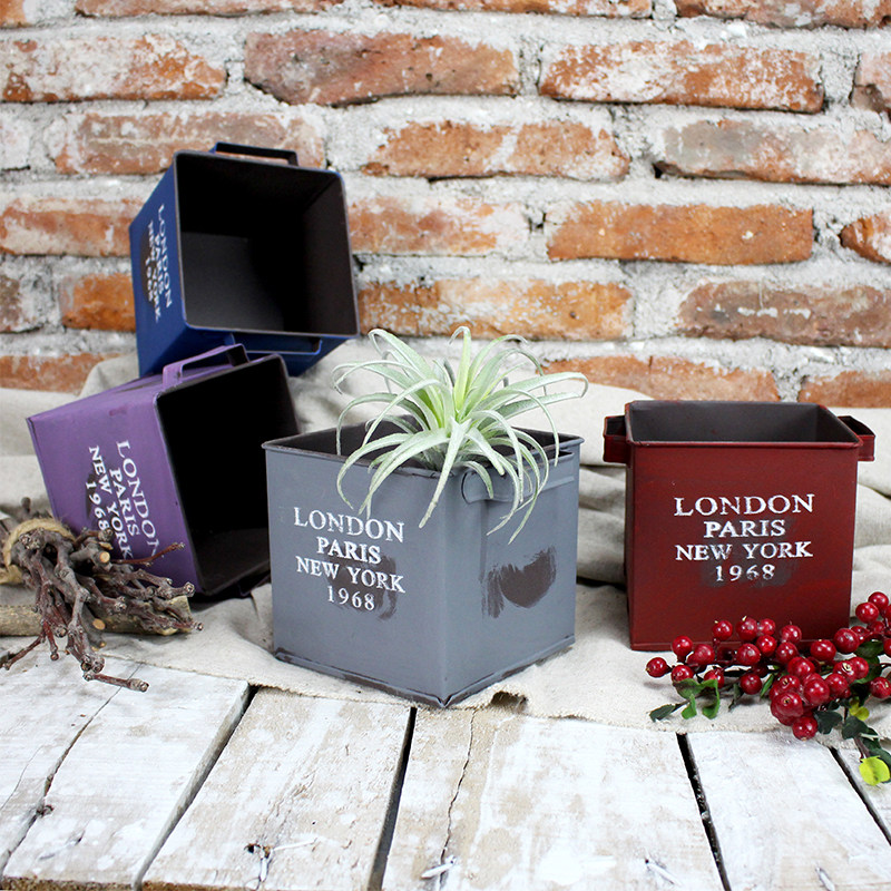 Creative square retro old wind iron tube Iron art dry flower bucket Multi-meat flower pot Flower decoration storage ornaments