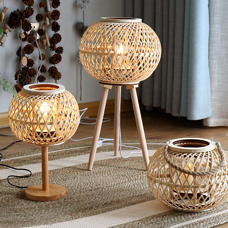 Rattan windproof lamp new Chinese-style candlestick plug-in floor bracket lantern B&B hotel model room decoration Japanese-style