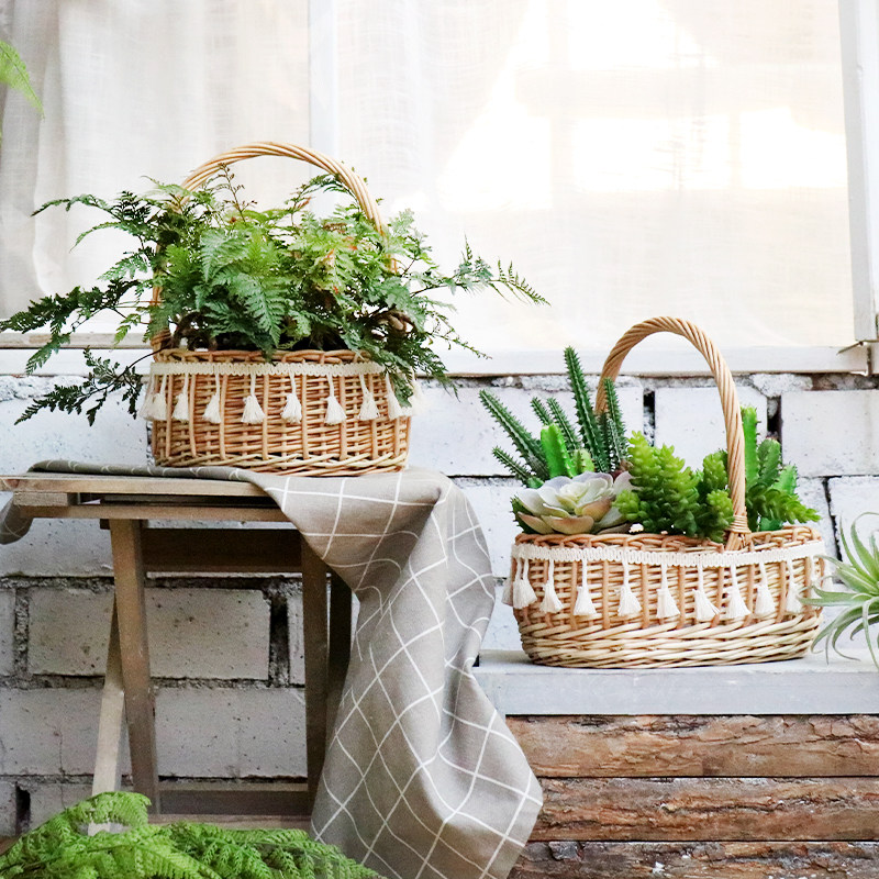 Creative Refinement Hand Woven Hand-picked Basket of Rattan Choreograpes Basket Inserts Flower Basket Multi Meat Basket Green Plant Flower Pots