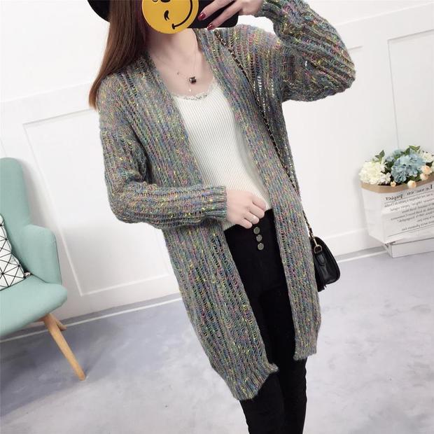 Mùa xuân 2018 áo len mới thêu áo khoác nữ cardigan mùa thu dài tay thời trang áo len túi màu áo gile len