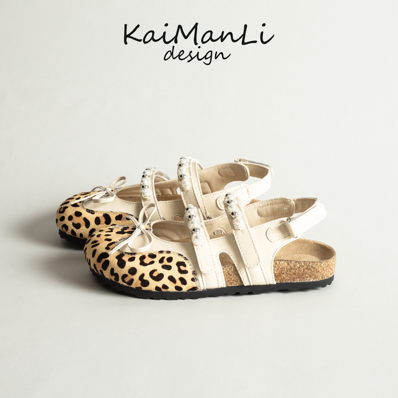 Leopard Print Bow Ballet Shoes for Women 2025 Summer New Style Velcro Breathable Closed-Toe Birkenstock Sandals Mary Jane Shoes