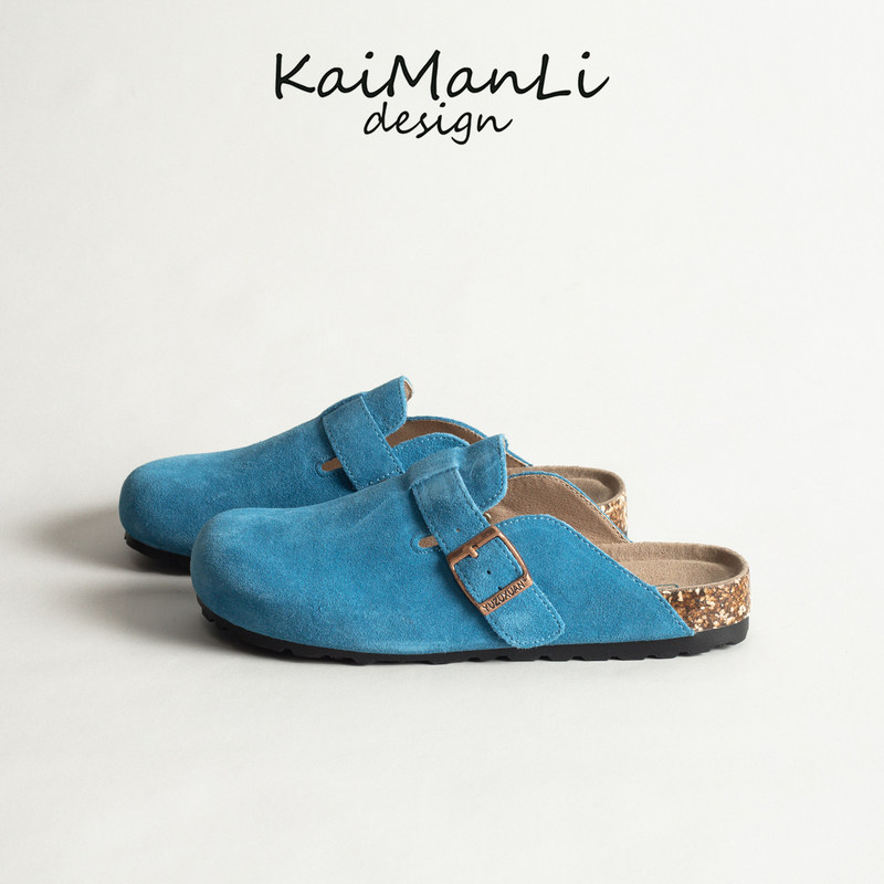 Blue Genuine Leather Thick-Soled Cork Half-Slippers for Women, New Spring and Autumn Style, Summer Outdoor Casual Slip-On Closed-Toe Sandals