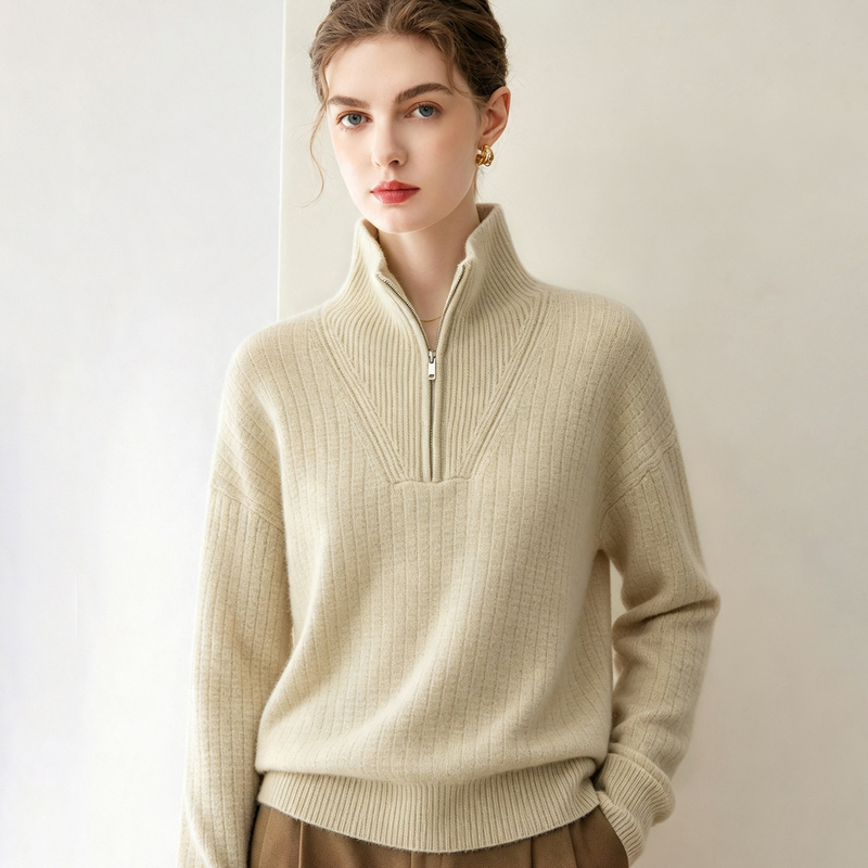 Lazy Style 100% Cashmere Sweater for Women, Stand-Up Collar, Half-Zip Knitwear, Thickened Warm Sweater