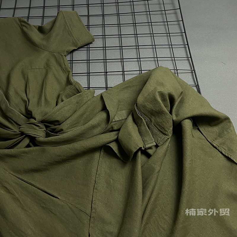 Original d   Real shooting ! summer ma'am Lapel Short sleeve Shirt skirt easy leisure time bow fashion Cotton and hemp Dress