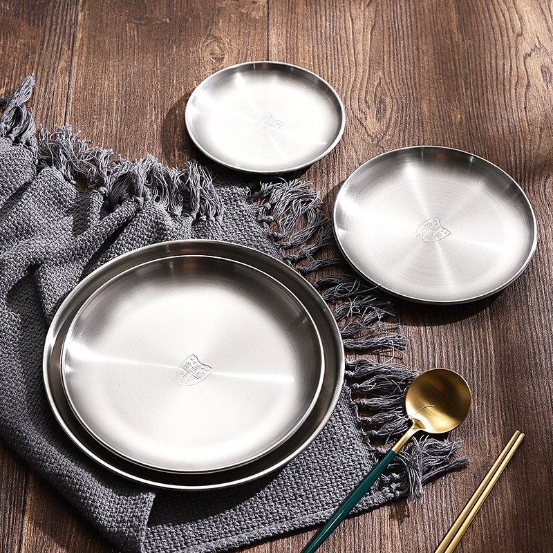 Korean-style 304 stainless steel disc thickened flat plate bone plate single-layer brushed barbecue plate flat plate shallow plate