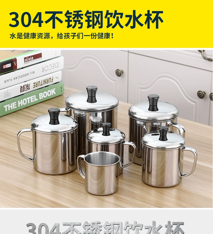 Cốc nước inox 304 có nắp đậy tay trẻ em cốc gia đình dành cho người lớn cốc miệng lớn có tay cầm tách trà