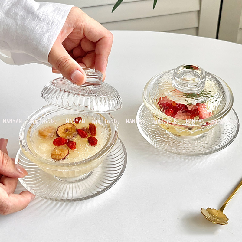 High-End Exquisite Bird's Nest Bowl with Lid, White Fungus Small Stew Pot, Crystal Glass Sugar Water Bowl, Thickened Transparent Sweet Soup Bowl and Plate