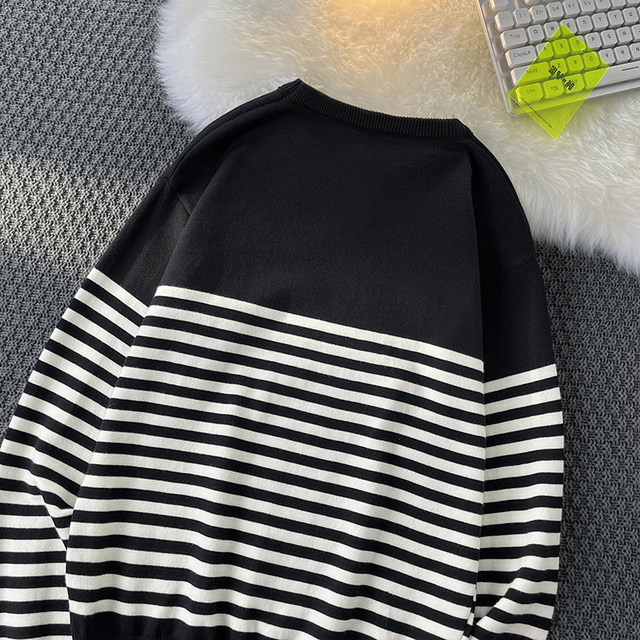 Japanese color block striped sweater autumn and winter casual inner sweater men's loose trendy handsome bottoming top