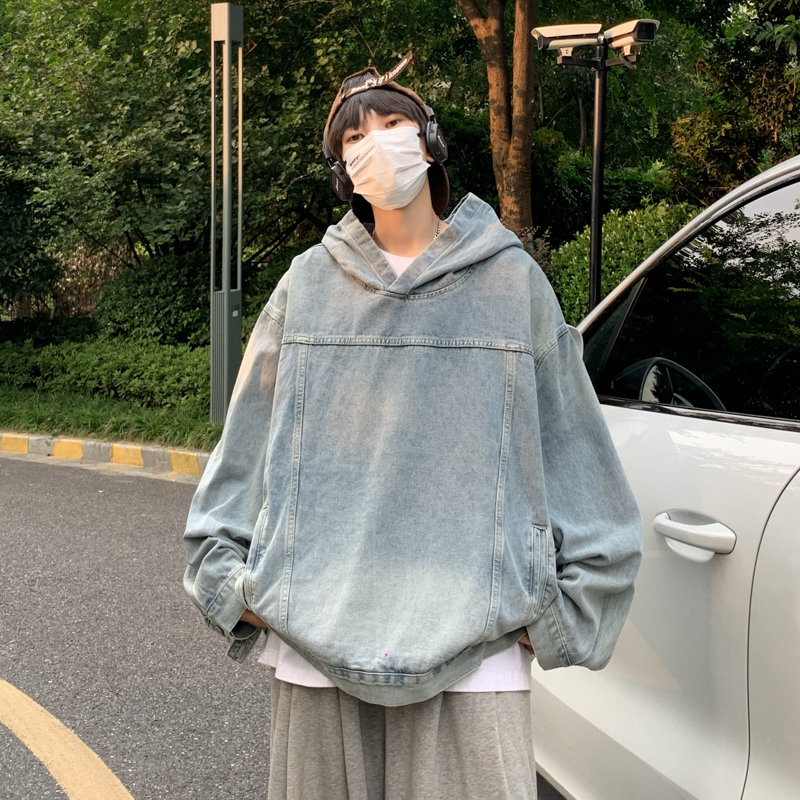 Heavyweight Washed Denim Sweatshirt for Men, Spring and Autumn Trendy Brand Loose Hooded Jacket ins American High Street Couple's Coat