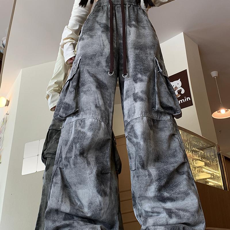 Tie-Dye Casual Cargo Pants for Men and Women, High Street American Hip-Hop Pants, Spring and Autumn Trendy Brand Loose Wide-Leg Floor-Length Pants