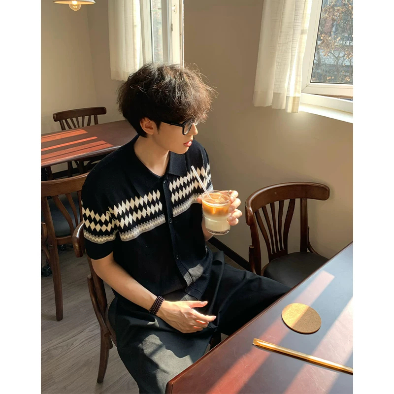 Fair Isle Jacquard Short-Sleeved Shirt for Men, Summer Breathable Casual Knitwear, Trendy Brand Loose and Versatile Cardigan Jacket Fair Isle Jacquard Short-Sleeved Shirt for Men, Summer Breathable Casual Knitwear, Trendy Brand Loose and Versatile Cardigan Jacket