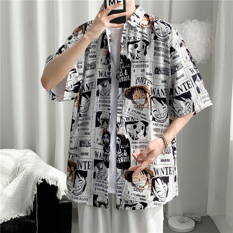 Cartoon Print Shirt for Men ins Trendy Summer Japanese Style Short-Sleeve Shirt Couple Loose Design Niche Jacket
