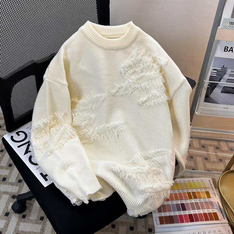 Tassel Distressed Sweater for Men and Women, Loose Round Neck Knit Top, Autumn and Winter Trendy Japanese Style Casual Jacket