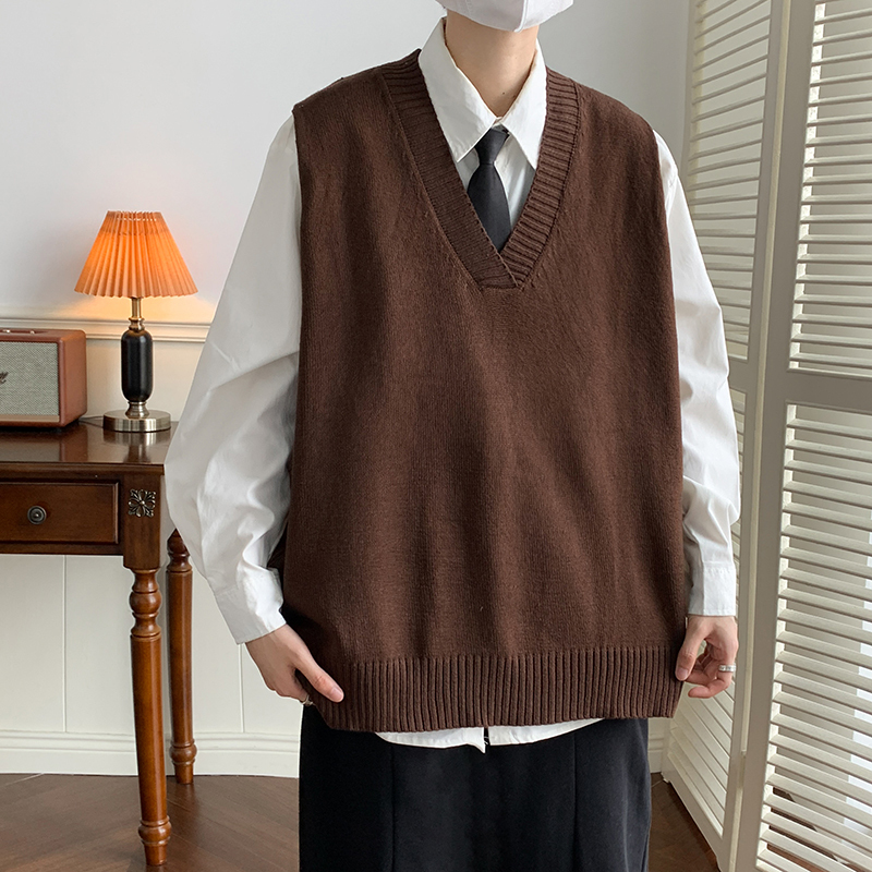 Retro Brown Knitted Vest for Men, Autumn and Winter Outerwear, Vest, Hong Kong Style Bf Trendy Loose Sleeveless Sweater for Couples