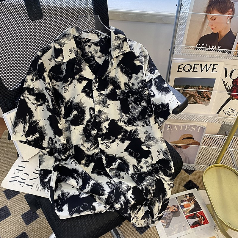 Tie-Dye Splash-Ink Shirt Men's Short-Sleeved Summer Loose Ice Silk Cool Shirt Trendy ins Cool and Handsome Printed Top