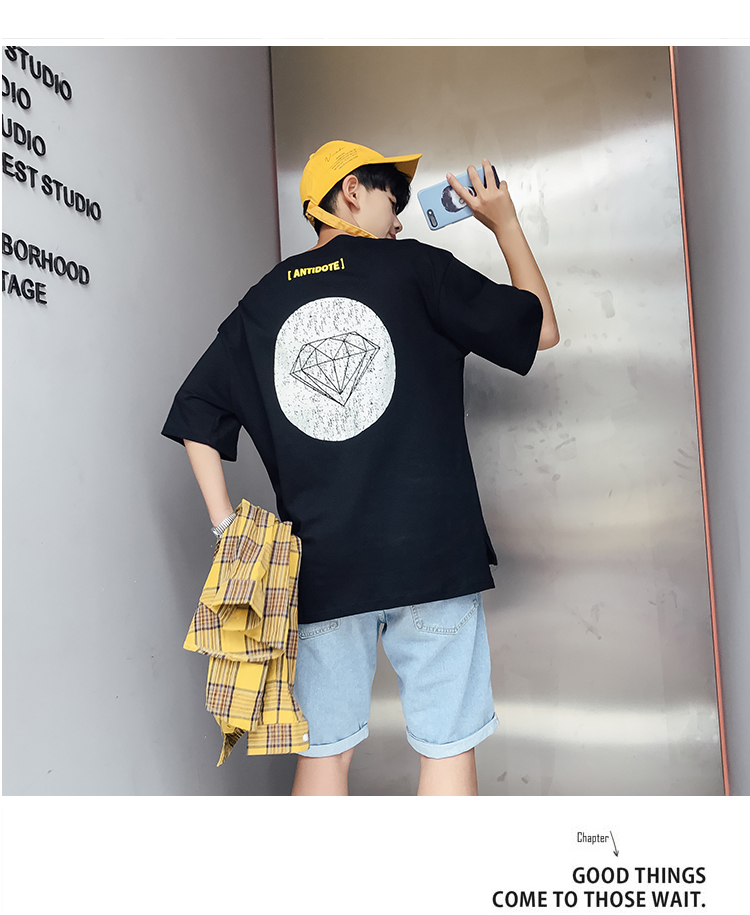 Xu hướng mùa hè ngắn tay nam Harajuku in vòng cổ nửa tay cổng gió Hàn Quốc phiên bản của lỏng hip-hop những người yêu thích quần áo t-shirt