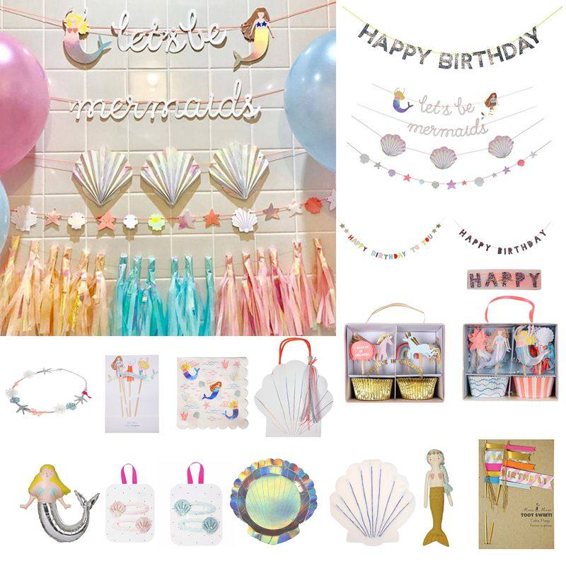 Ran fish shop meri meri mermaid decoration hanging ornament birthday flag plate mermaid doll paper towel