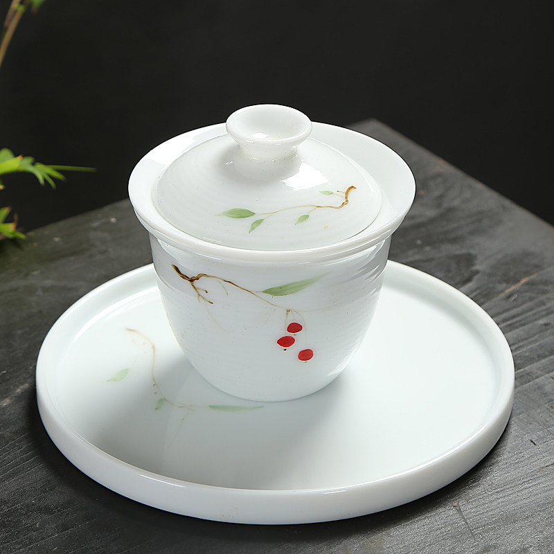 Cover Bowl Hand-painted Green Flower porcelain ceramic Three-only cup tea maker Home Dry Bubble Pan Kongfu Tea Bowl with Tea Bowl-Taobao