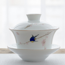 Gai bowl large hand-painted blue and white porcelain three Cai Cup Jingdezhen handmade tea bowl eight treasure tea bowl kung fu tea set