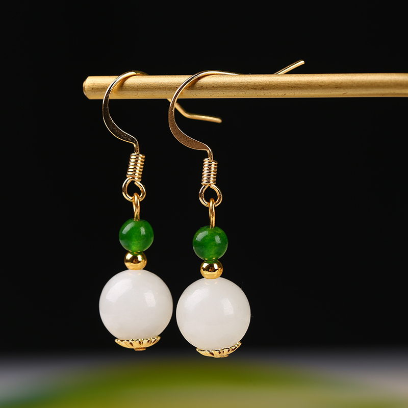 Natural Hetian jade white jade ear hook earrings earrings 10mm white jade + 4mm chrysoprase beads 14k gold earrings