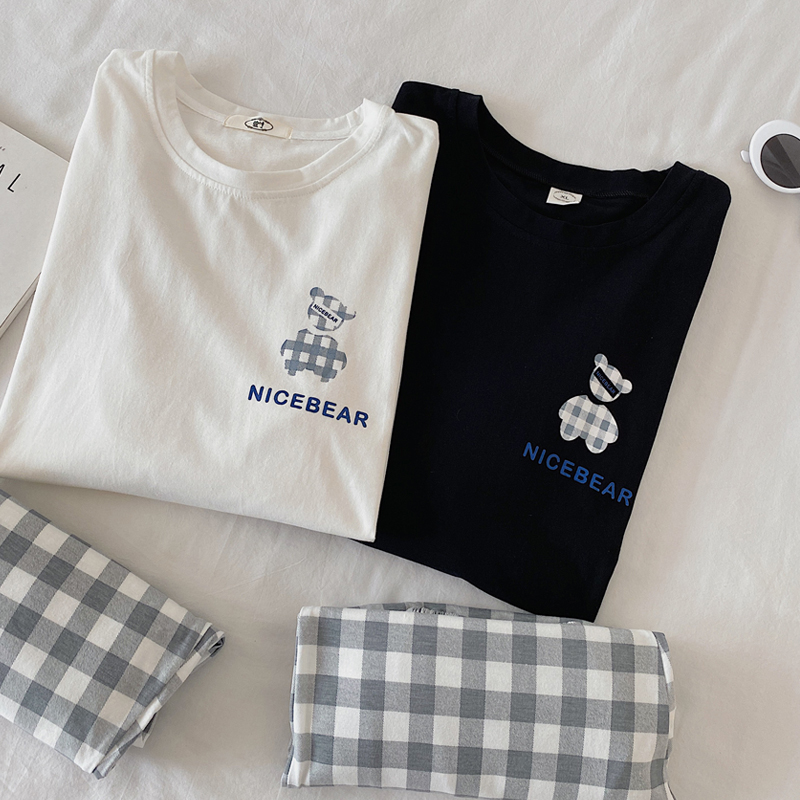 Couples pajamas spring and autumn cotton women's long sleeve set Korean version of the casual plaid can be worn outside the autumn and winter men's home wear