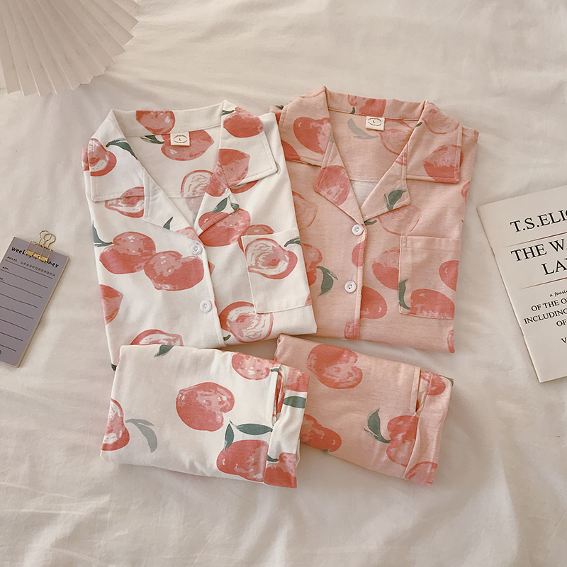 Cotton pajamas women's summer short-sleeved shorts Japanese students cute peach spring and autumn home service two-piece suit