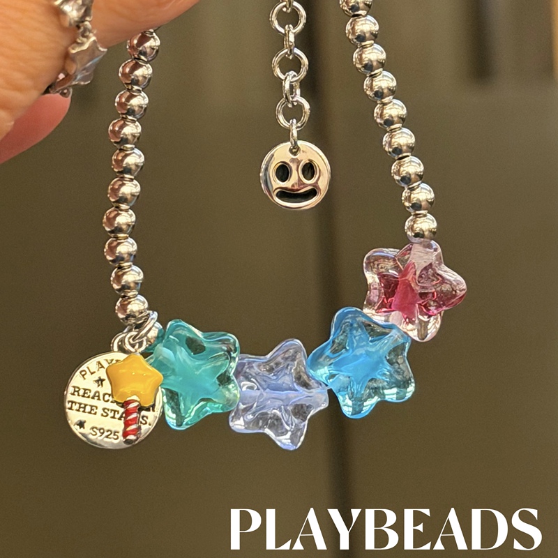 Playbeads Pure Silver S925 "Reaching for the Stars" Morning Star Magic Fairy Wand Handmade Glass Bracelet