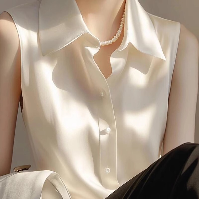 Brand Clearance Sale, Genuine Cut-Label White Satin Polo Collar Sleeveless Shirt Women's Vest Top