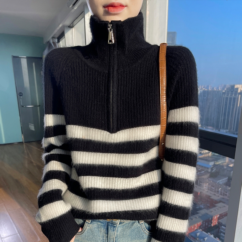 [Clearance] Ordos Half-Zip Color-Block Striped Turtleneck Sweater Autumn/Winter Cashmere Collar Top