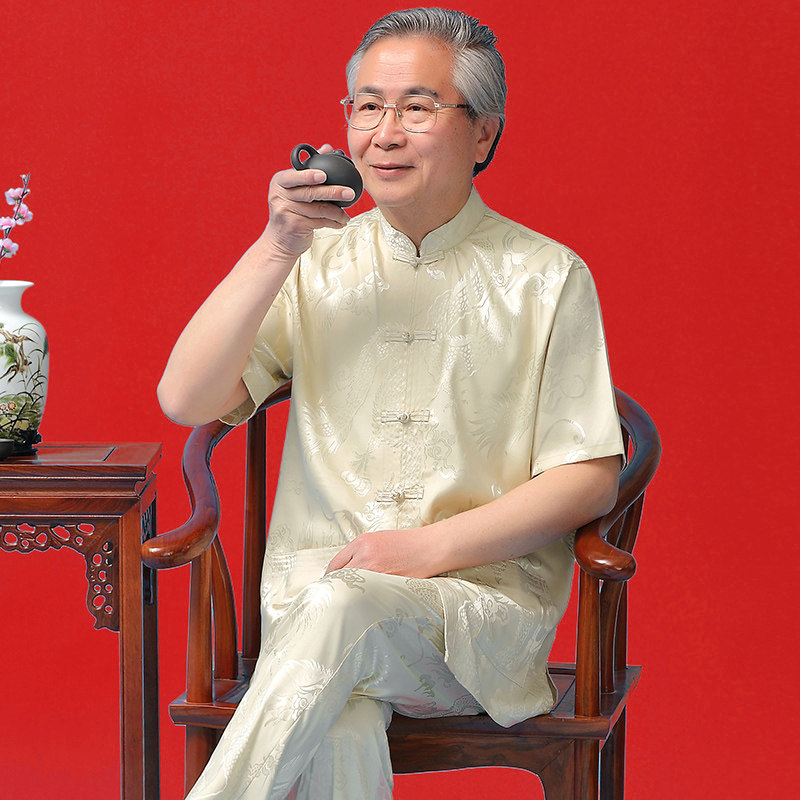 2022 Tang Loaded Men's Retro Short Sleeve Summer Middle Aged Dad Emulated Silk Mulberry Silk Grandpa Suit Shirt