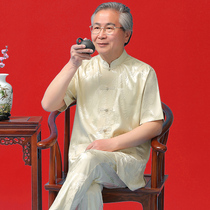 Ancient style Tang suit mens short sleeve summer middle-aged and elderly Chinese father simulation silk Mulberry silk grandfather suit shirt