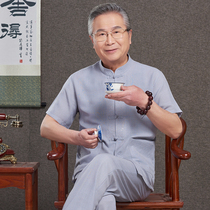 Middle-aged and elderly people Tang suit mens summer short sleeve suit Grandpa casual loose retro Chinese cotton linen dad dress